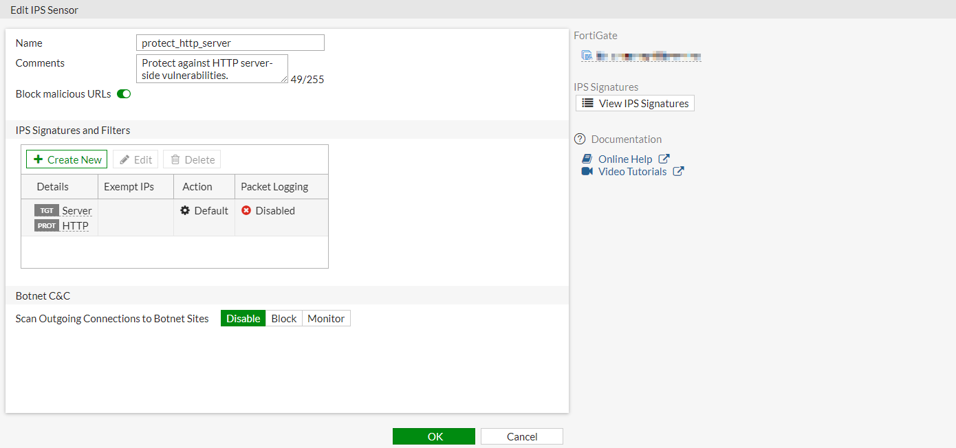 IPS with C&C IP blocking FortiGate / FortiOS 6.4.8
